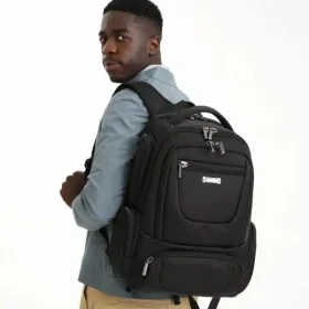 Sac à dos TIROLL 3281 noir en polyester avec poche avant zippée et plaque métallique - Wazeb.com