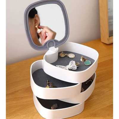 Boîte de rangement de bijoux rotative en plastique à 4 couches avec miroir