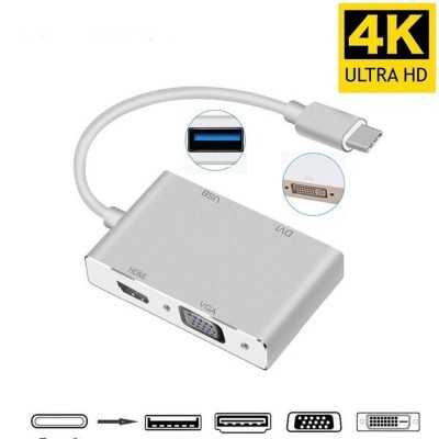Câble adaptateur 4 en 1 USB 3.1 Type C vers HDMI, VGA, DVI, USB 2.0